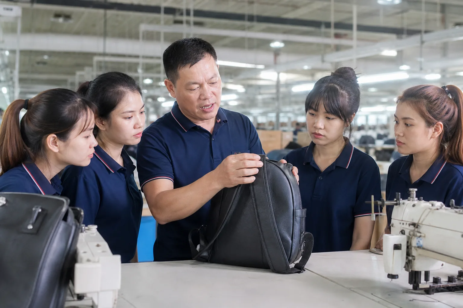 Training session demonstrating stitching technique to operators