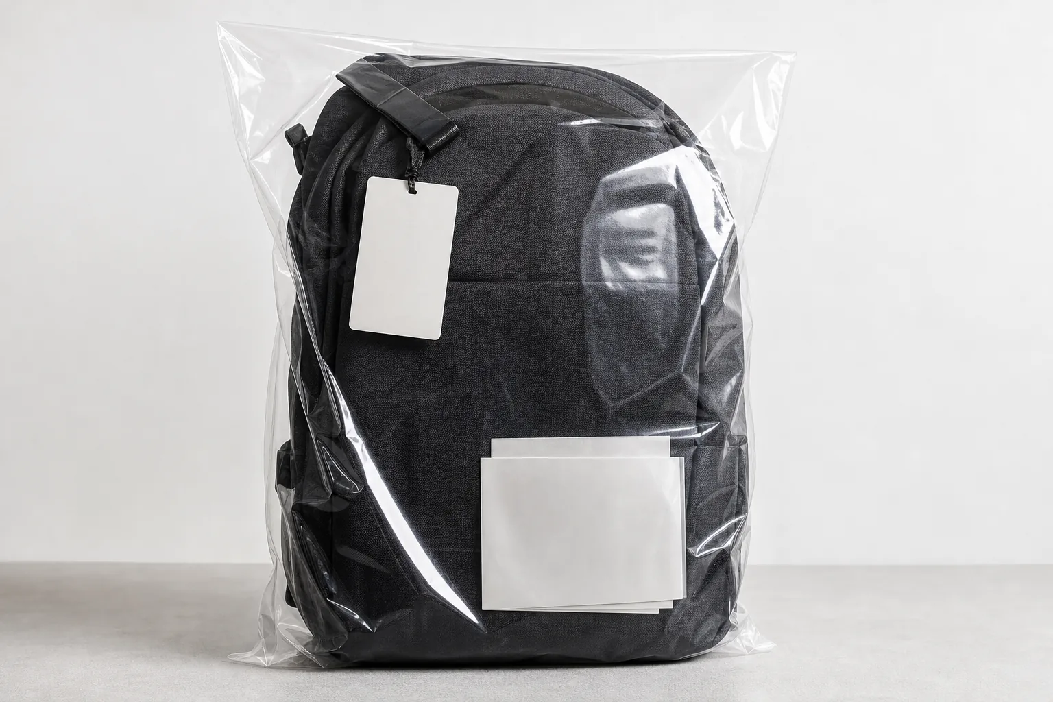 A backpack in a protective polybag with a hangtag and care insert