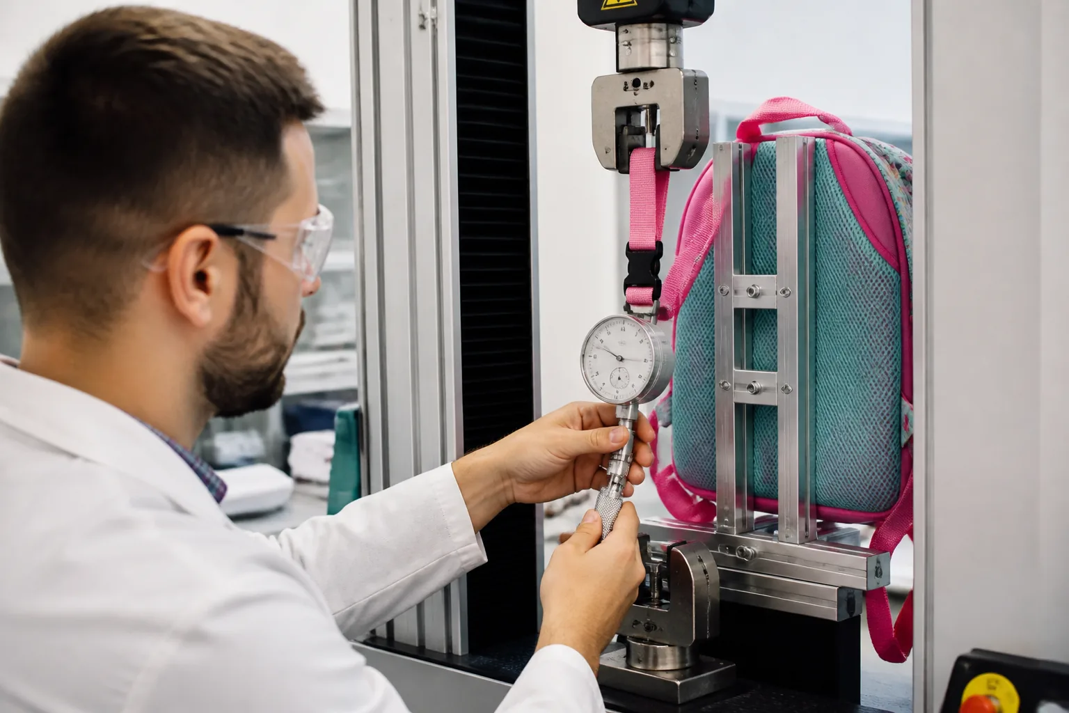 Laboratory technician testing a small backpack strap and buckle