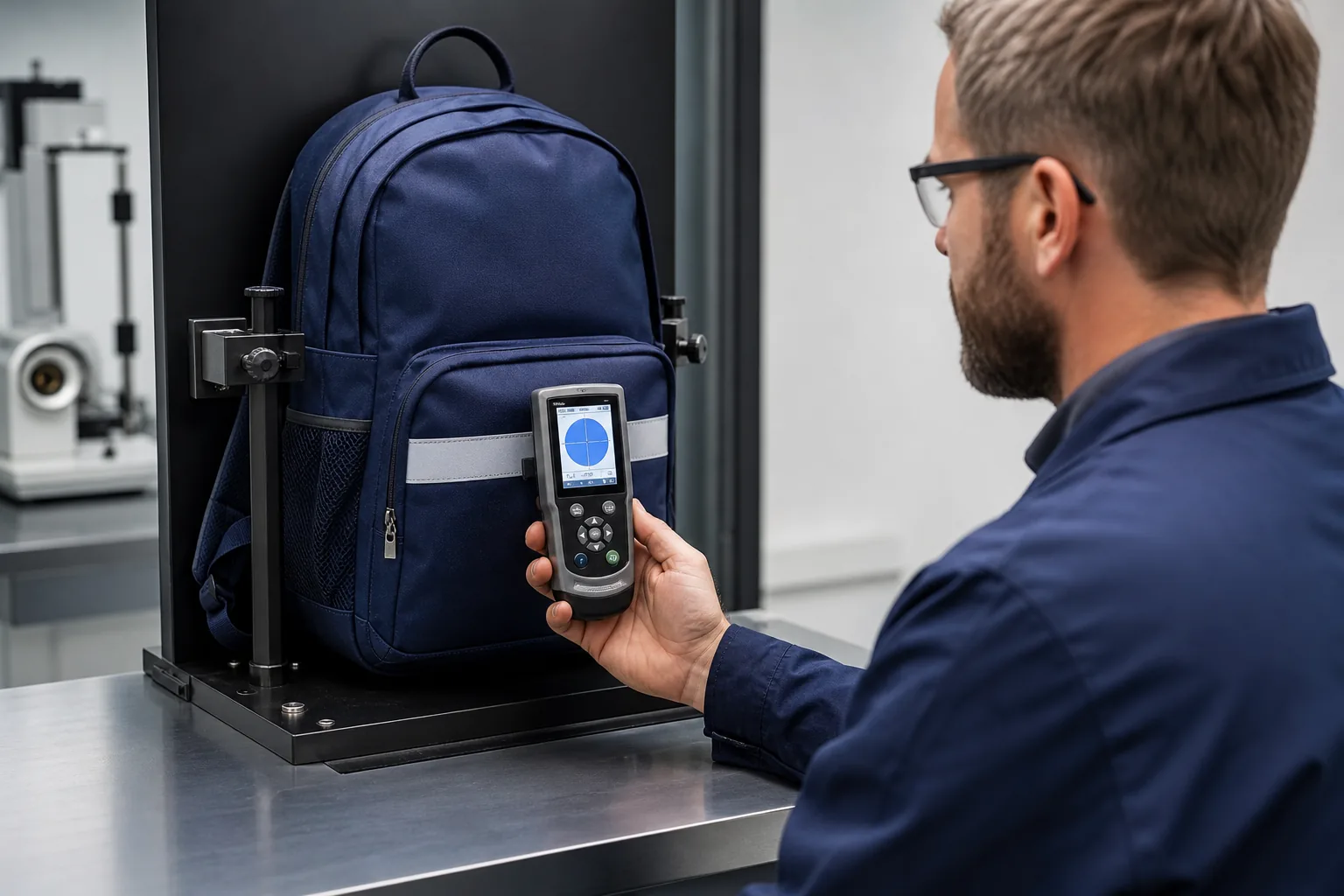 A technician measuring a reflective strip on a backpack with a handheld retroreflectometer