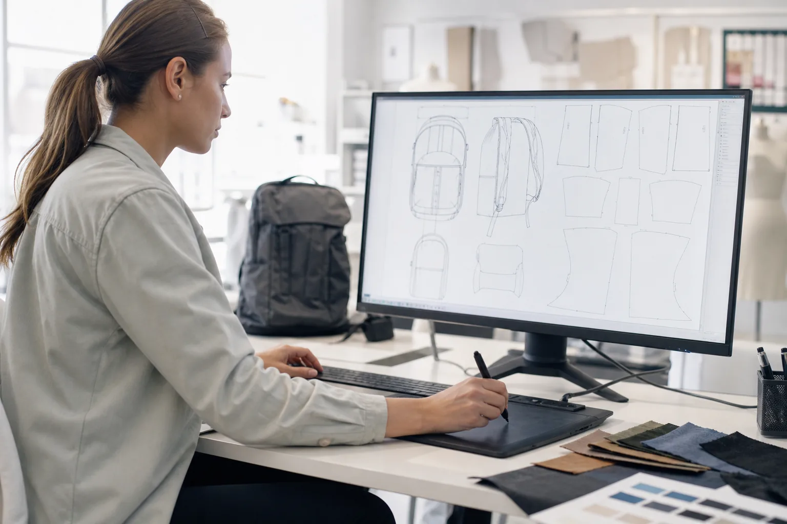 Pattern technician digitising and editing backpack panels at a CAD workstation