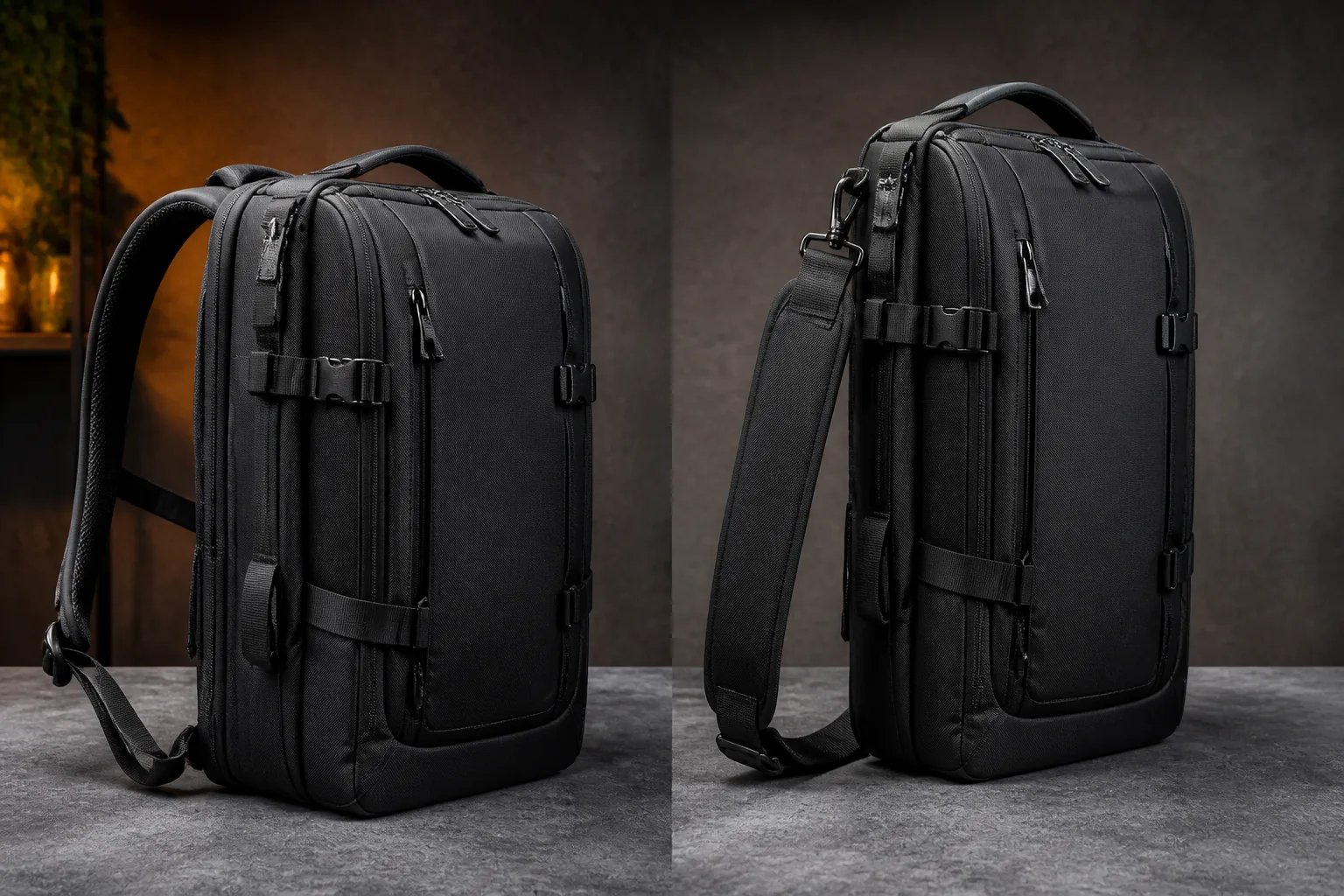 A convertible backpack shown as a backpack and converted into a shoulder sling with the straps stowed