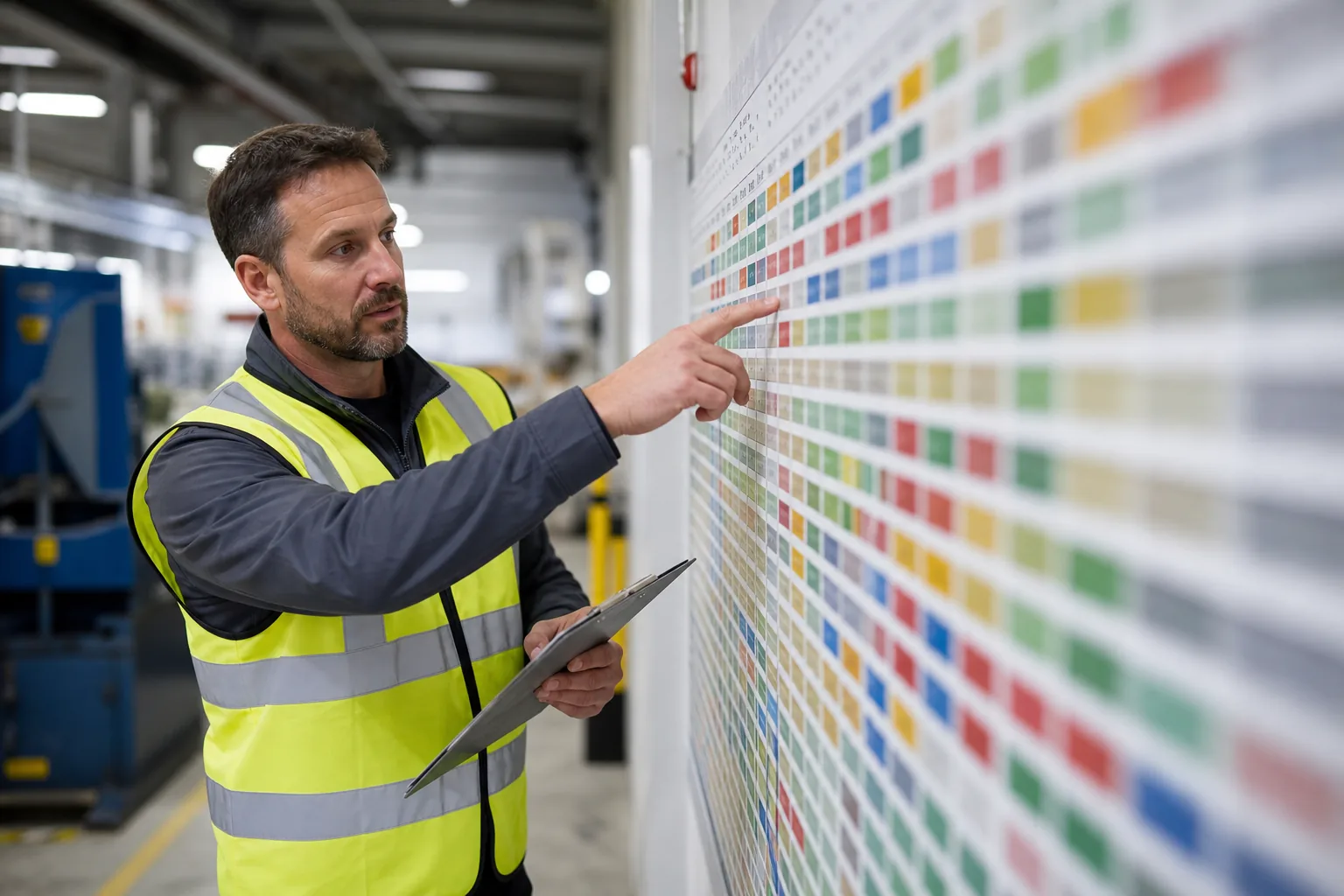 A supervisor reviewing a wall-mounted colour-coded skills grid with a clipboard