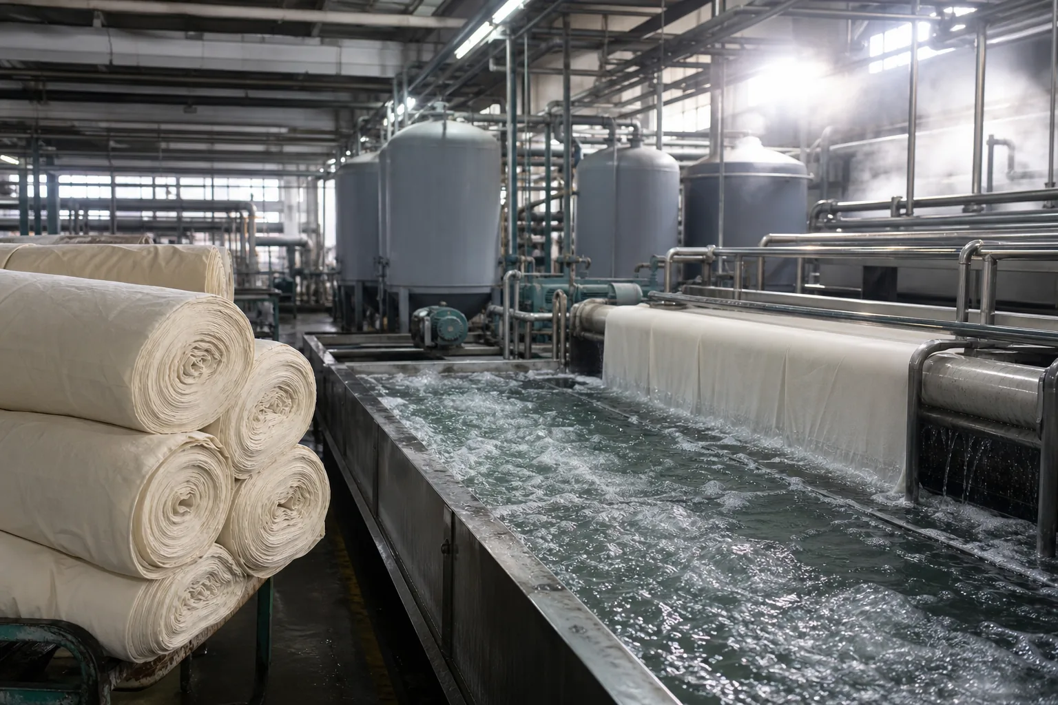 Fabric rolls beside a washing bath with recirculation tanks and pipework in a wet processing area