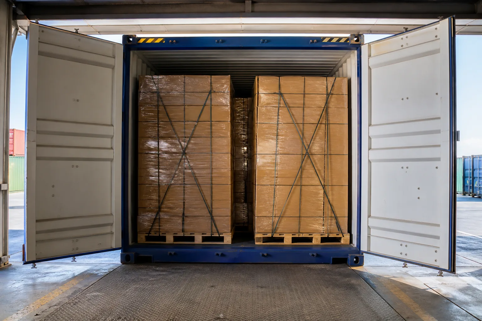 An open forty-foot container at a loading dock with neatly stacked cartons secured by straps
