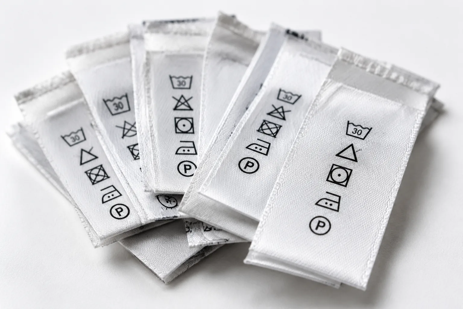 A cluster of textile care labels fanned out showing woven edges and printed pictograms