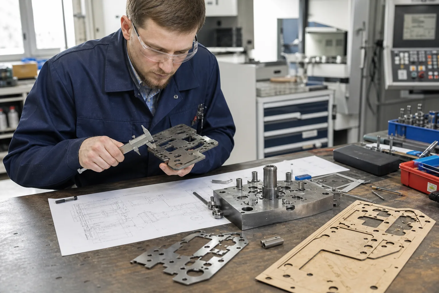 Technician inspecting a steel rule die with callipers