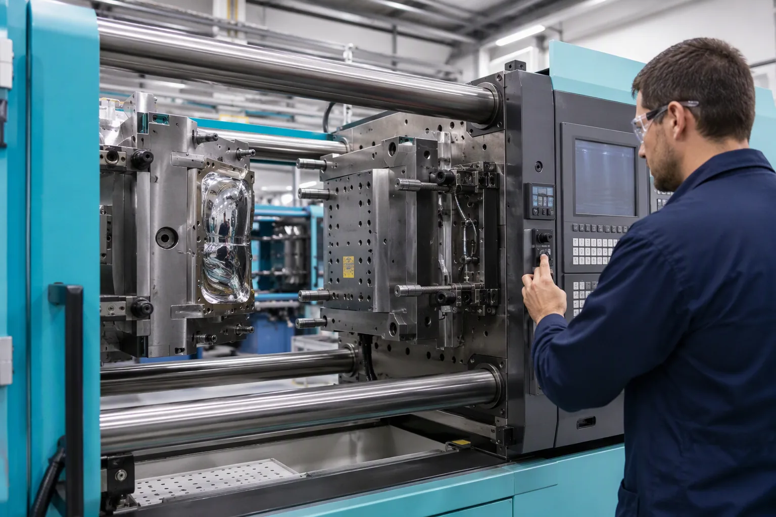 Injection moulding machine with an open mould tool