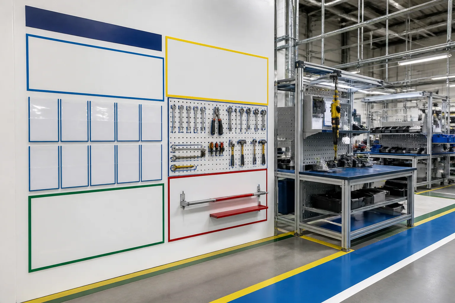 Factory 5S visual board beside an assembly workstation