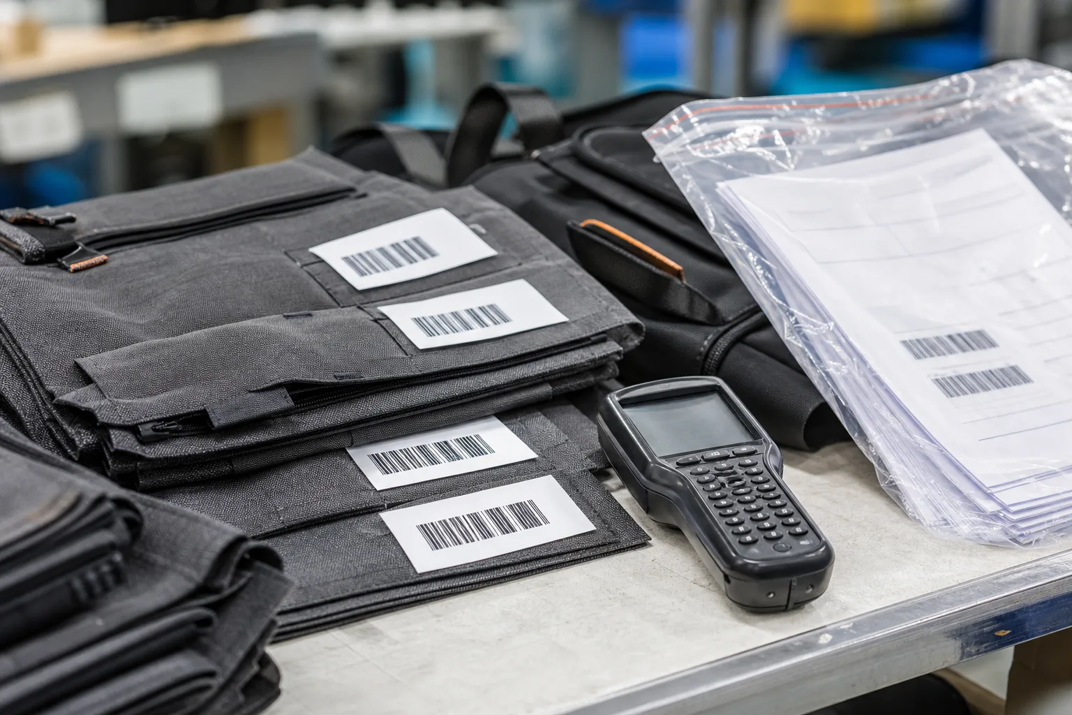 Barcode labels and a handheld scanner on cut fabric panels