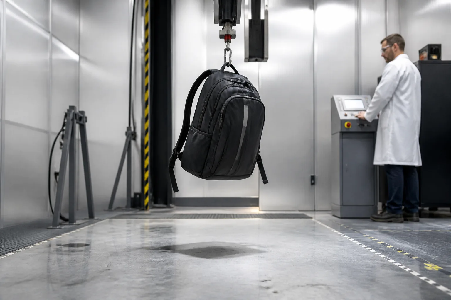 Backpack suspended from a hoist above a concrete floor for a drop test