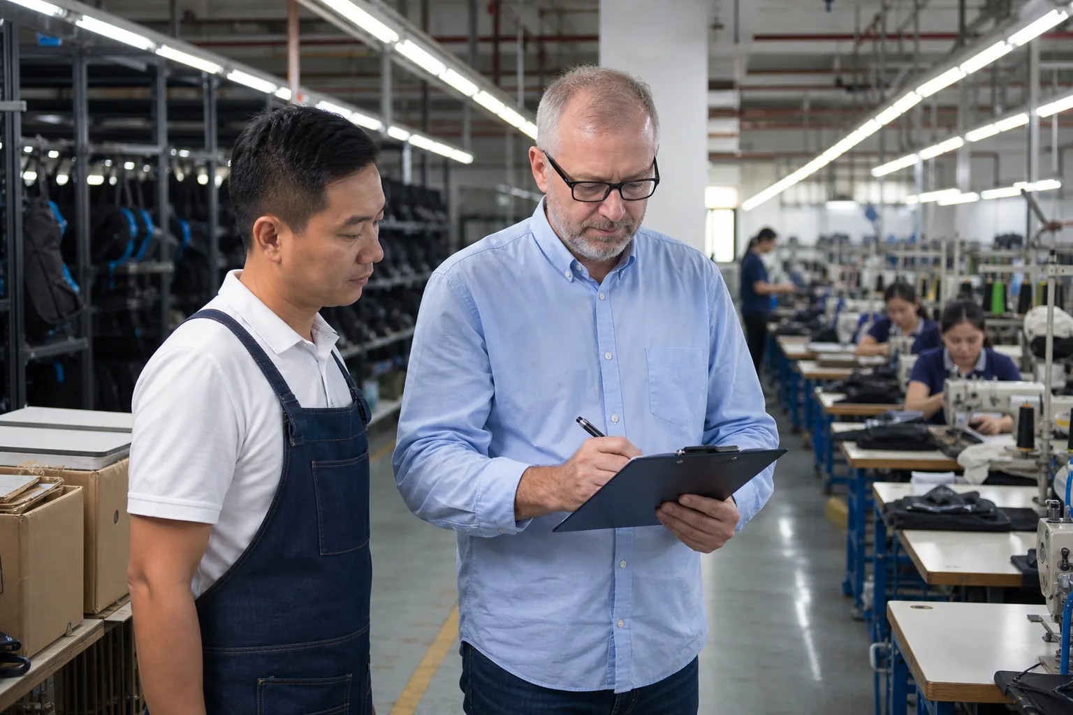 Supplier audit in progress on a bag factory production floor
