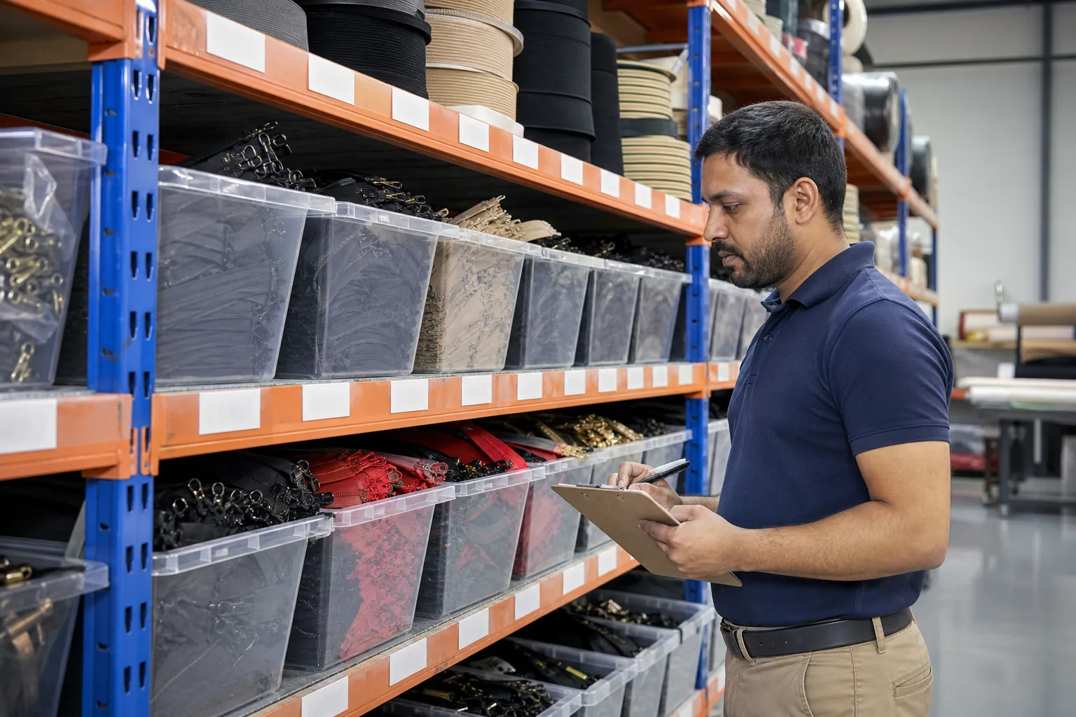 Storekeeper checking labelled racks of zippers, webbing and trim
