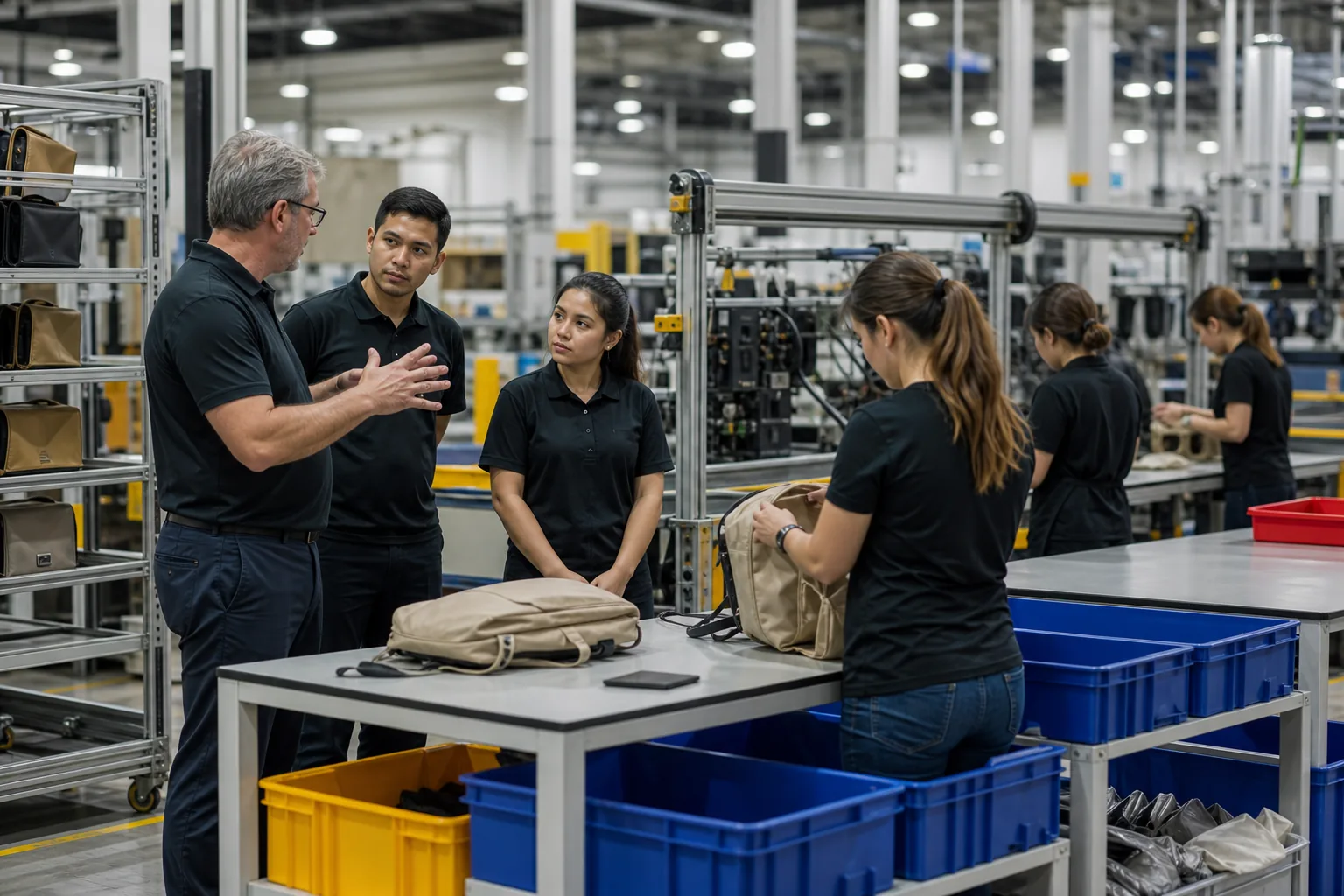 Supervisor and workers reviewing workstation layout on an assembly line