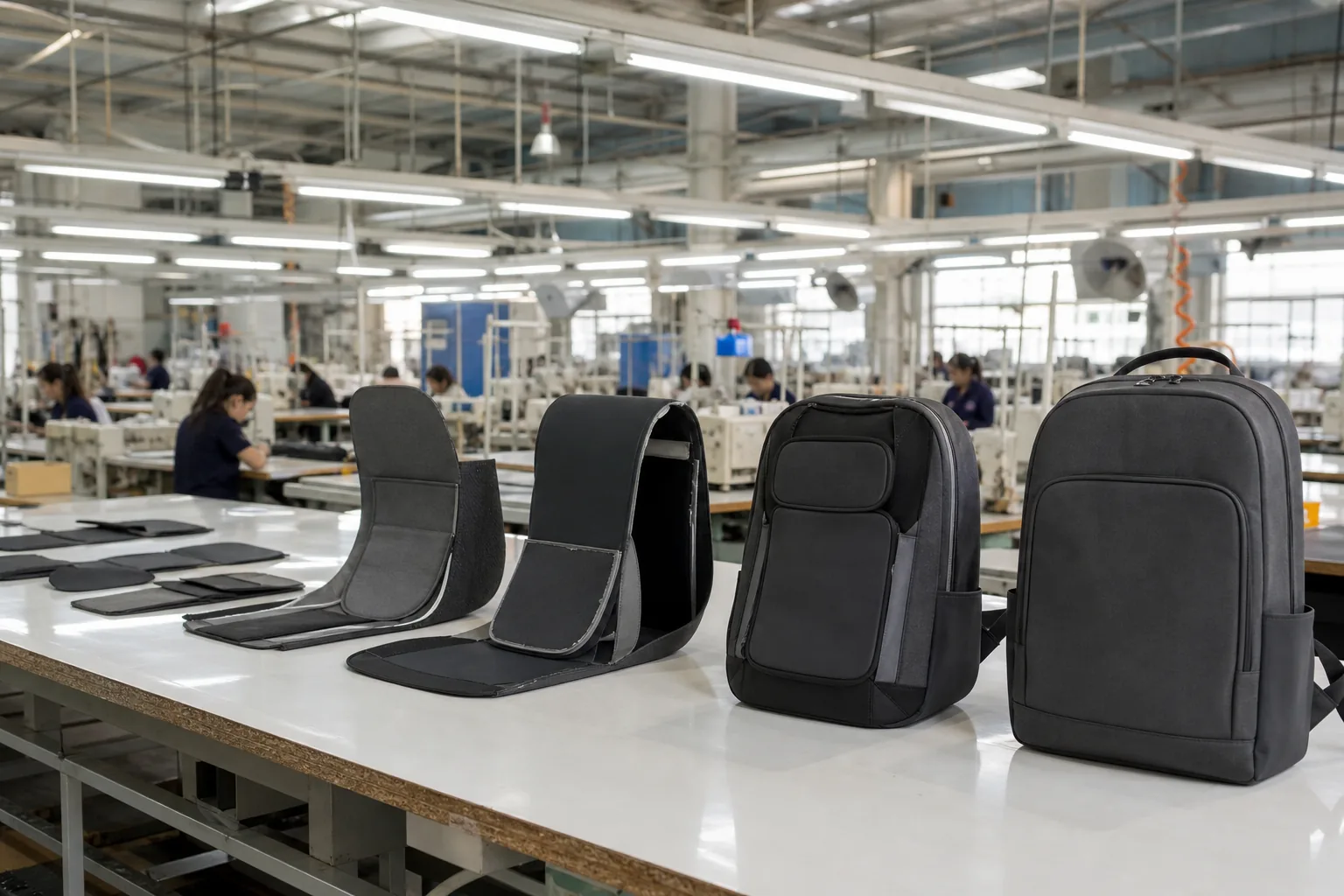 Bag manufacturing stages from cut panels to finished backpack