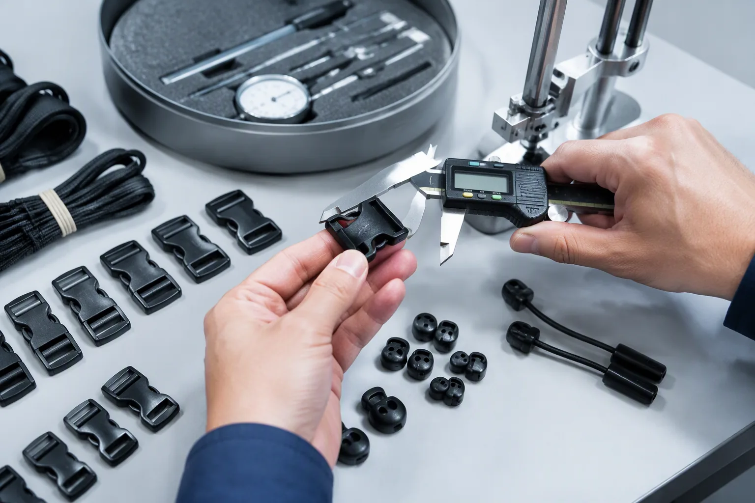 Small backpack components inspected with callipers and a small parts gauge