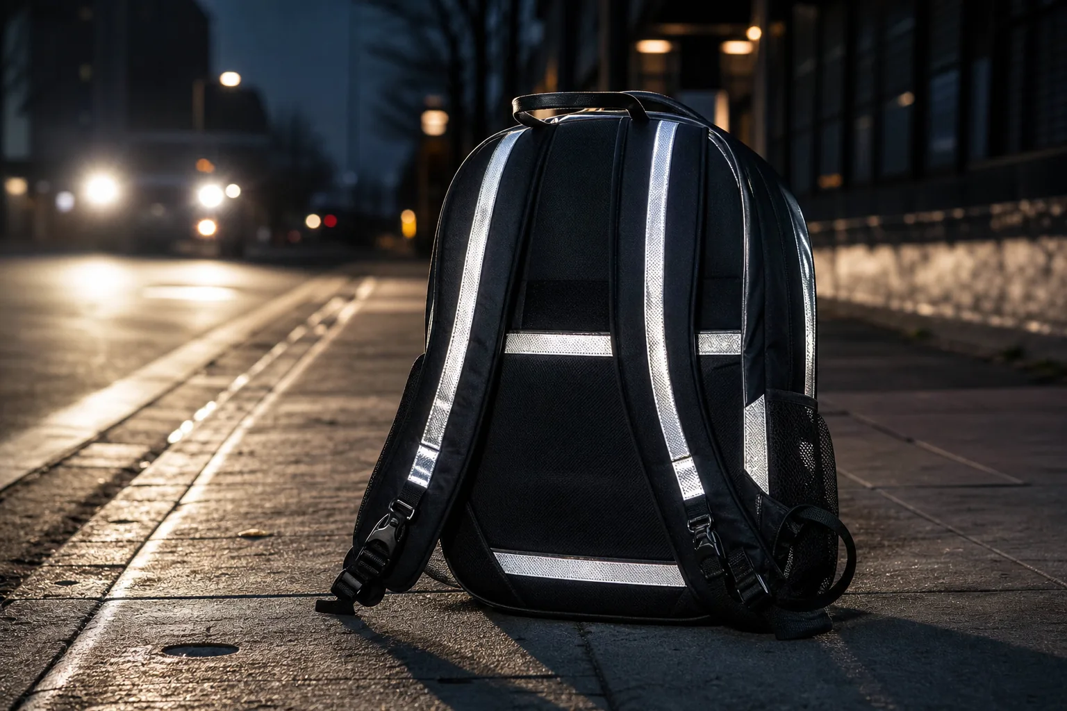 A backpack with reflective strips glowing under vehicle headlights at dusk