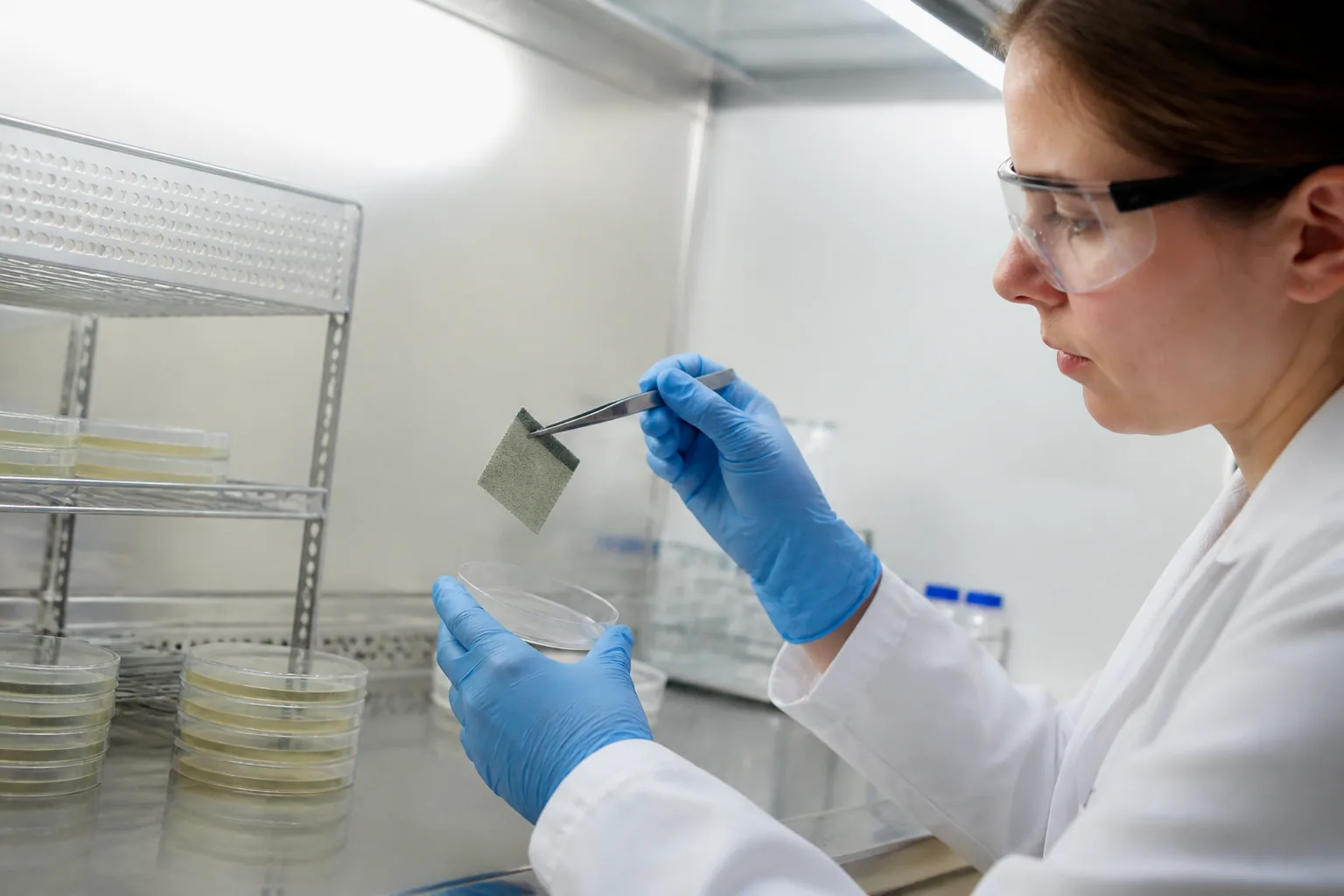 A technician examining a treated textile swatch over a culture dish in a laboratory