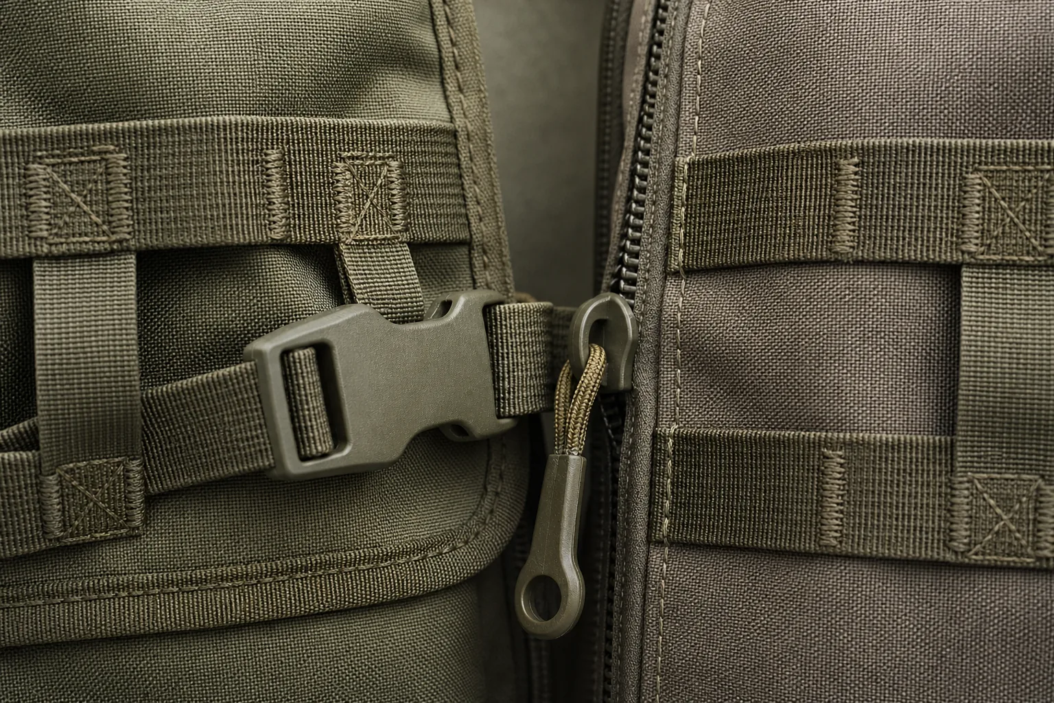 Close detail of a modular attachment interface with webbing loops, side release buckle and zipper joining two panels