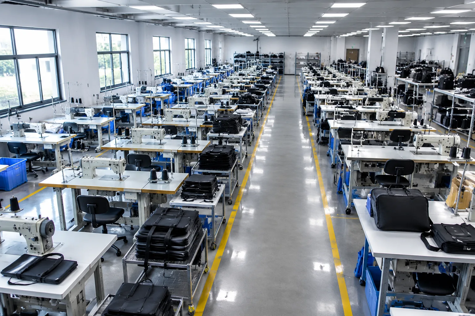 Long rows of industrial sewing machines on a bag factory floor under bright LED panel lighting