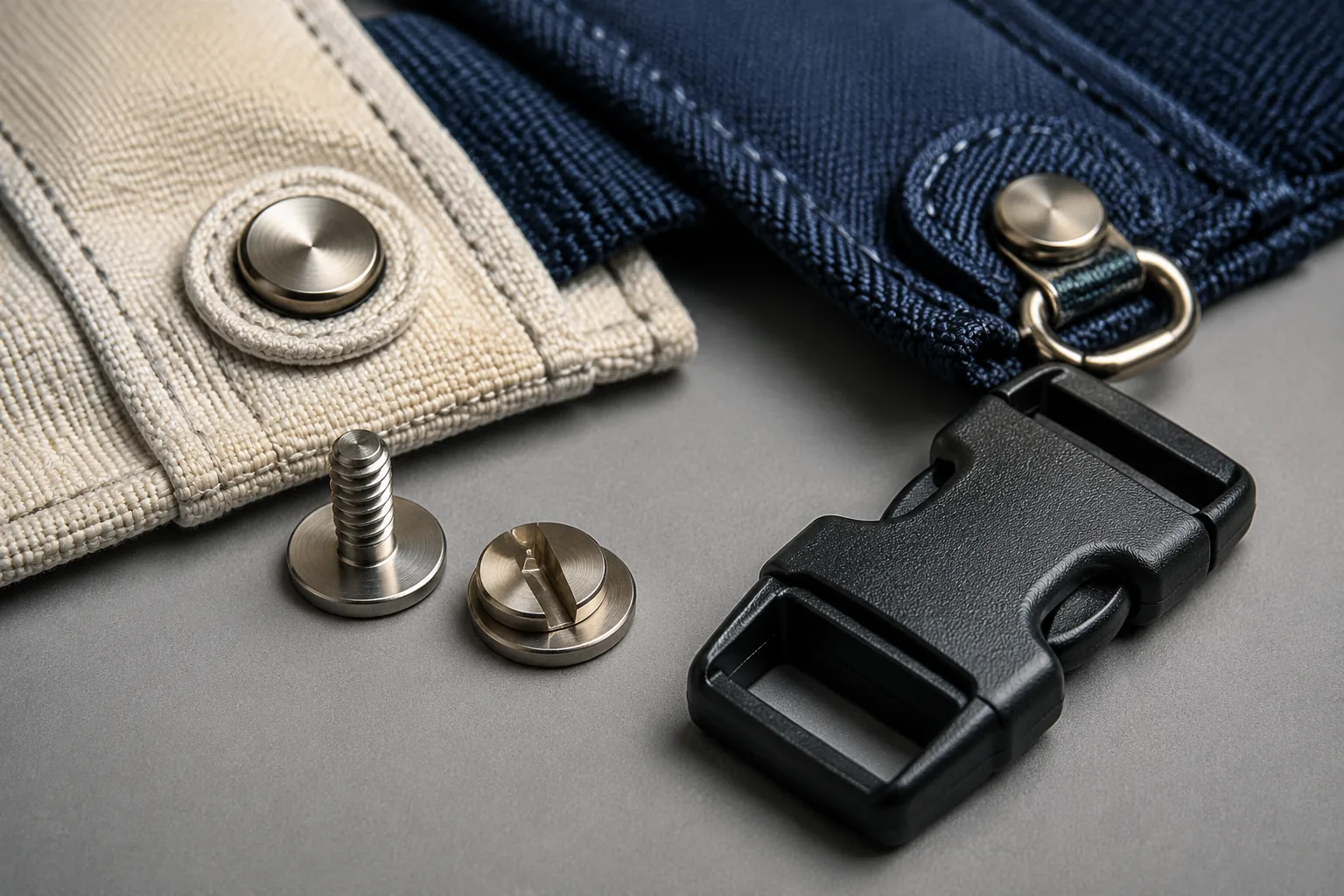 A screw post and binder screw beside a riveted joint and a replaceable side release buckle