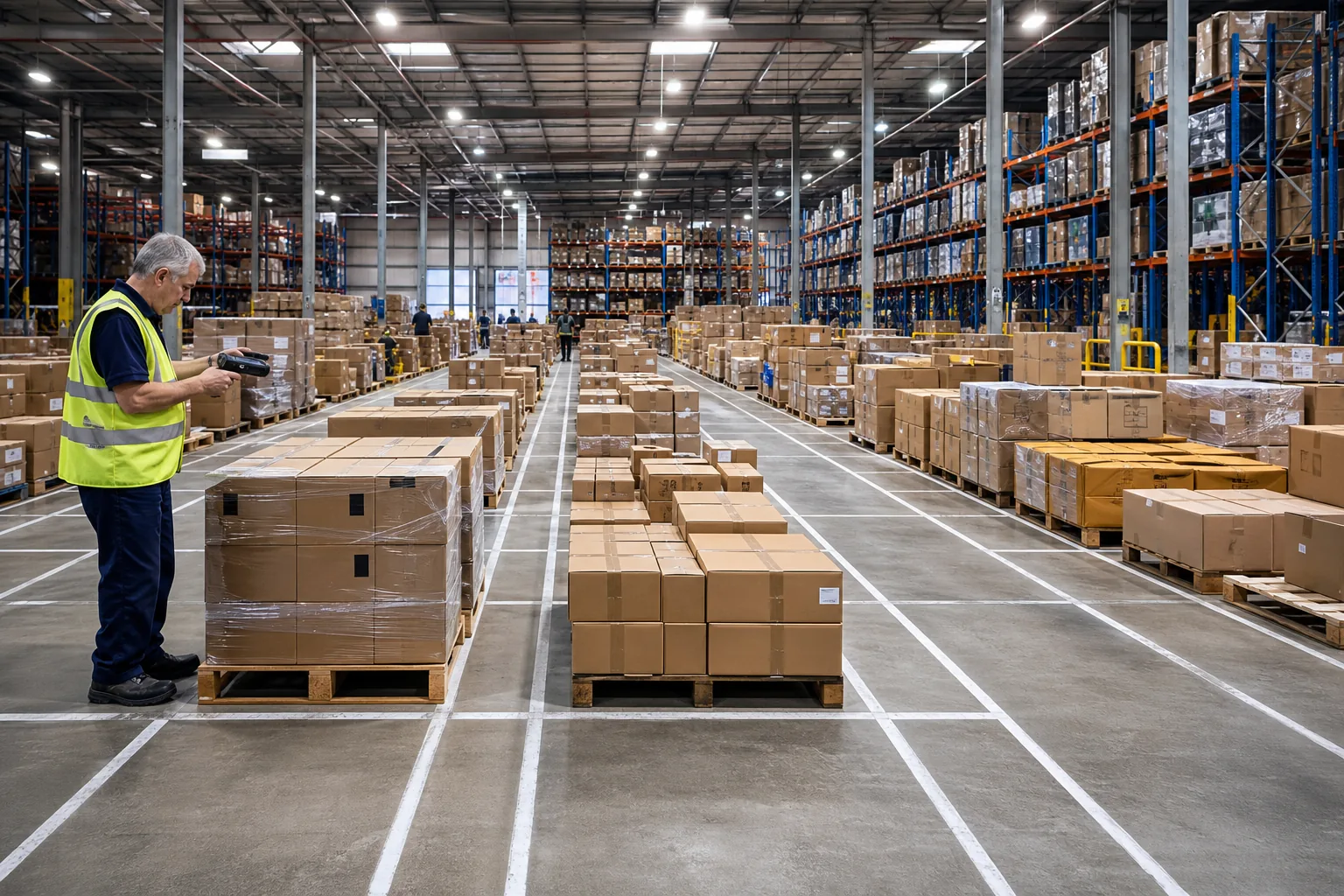 Cartons from several suppliers sorted into marked lanes in a freight consolidation warehouse