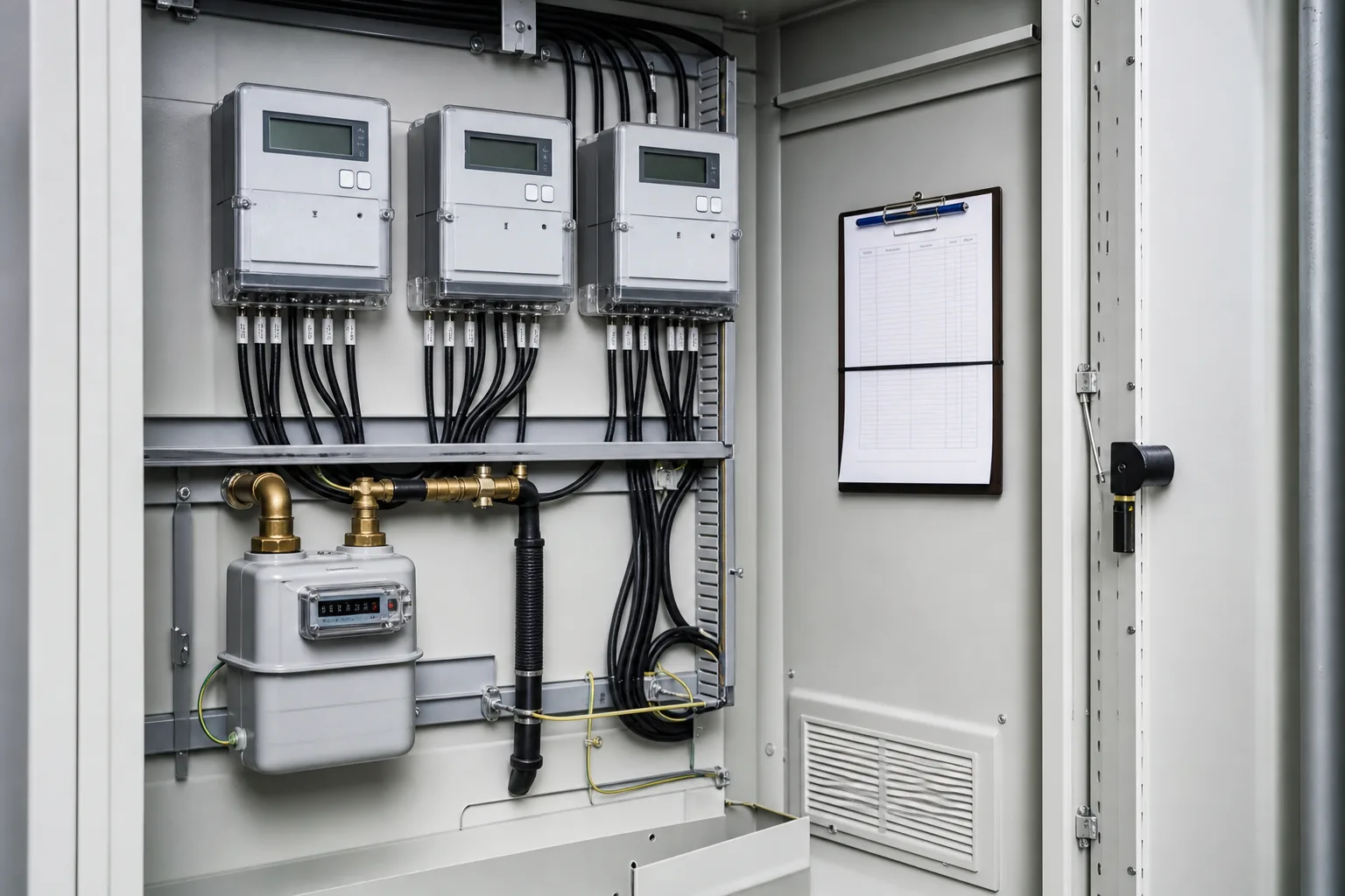 A utility data cabinet with submeters, a gas meter and a clipped logbook