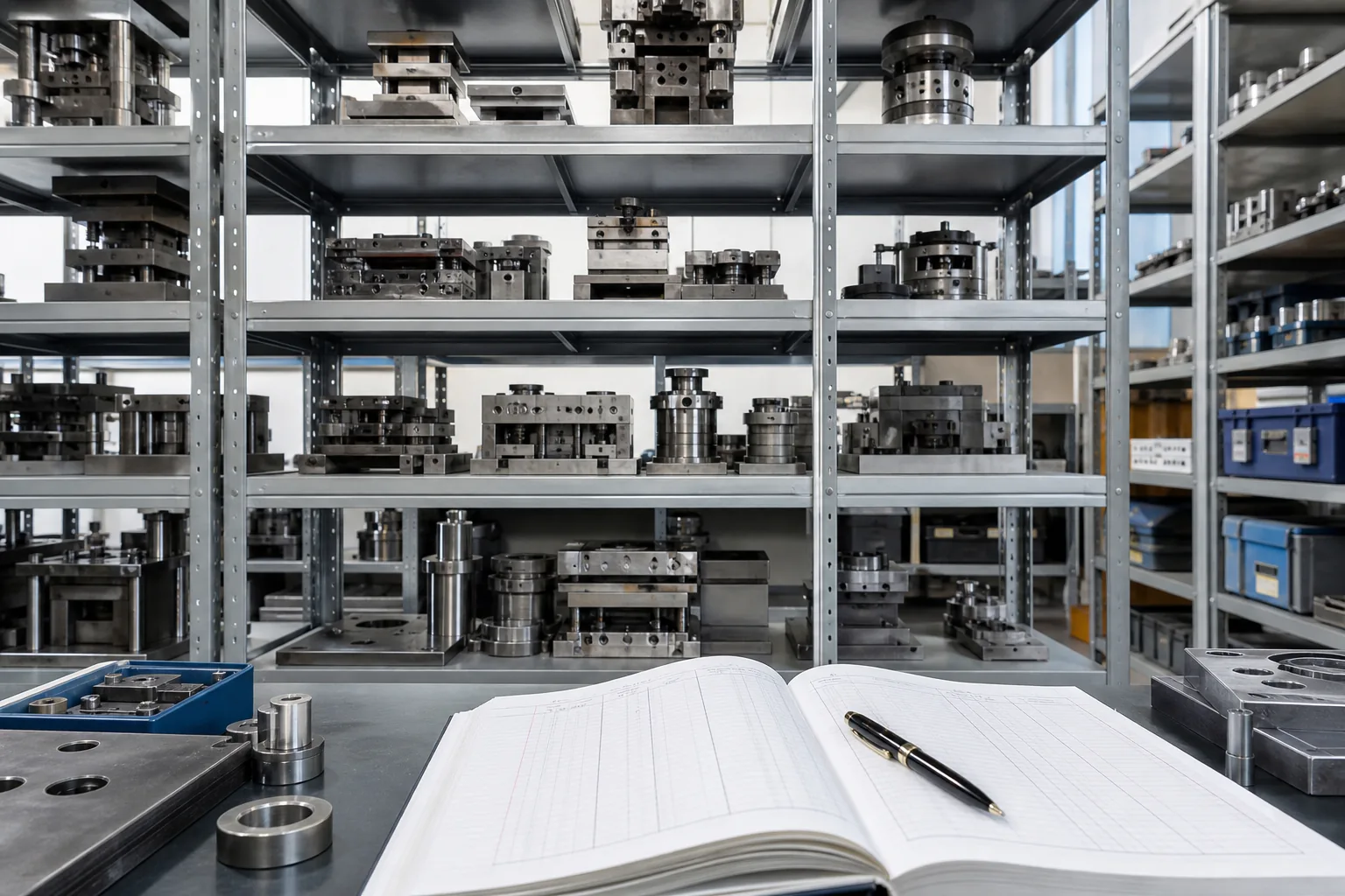Factory tooling store with shelving, dies and an inventory ledger