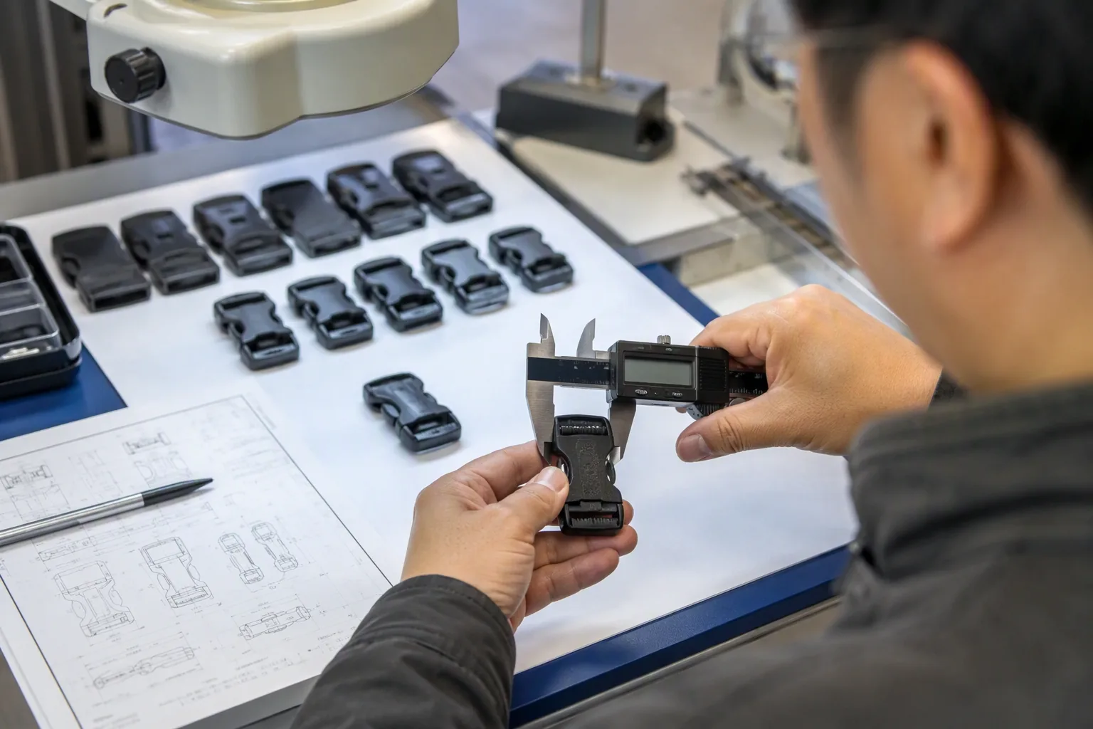 Technician measuring a moulded buckle against a reference sample