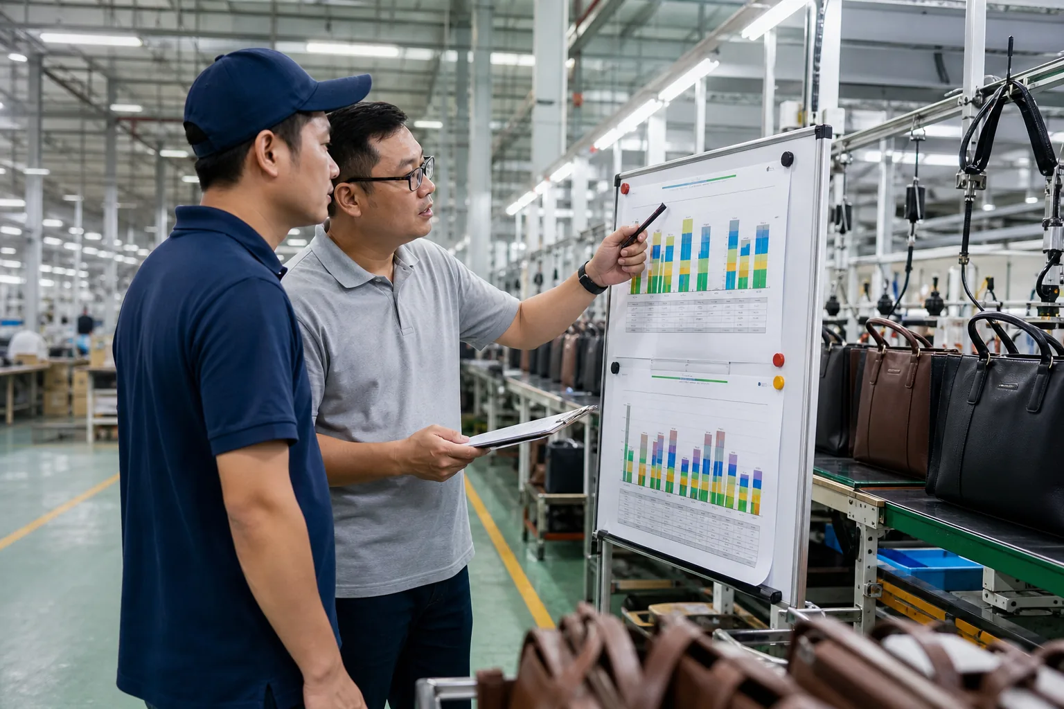 Supervisor and operator reviewing a line balancing chart