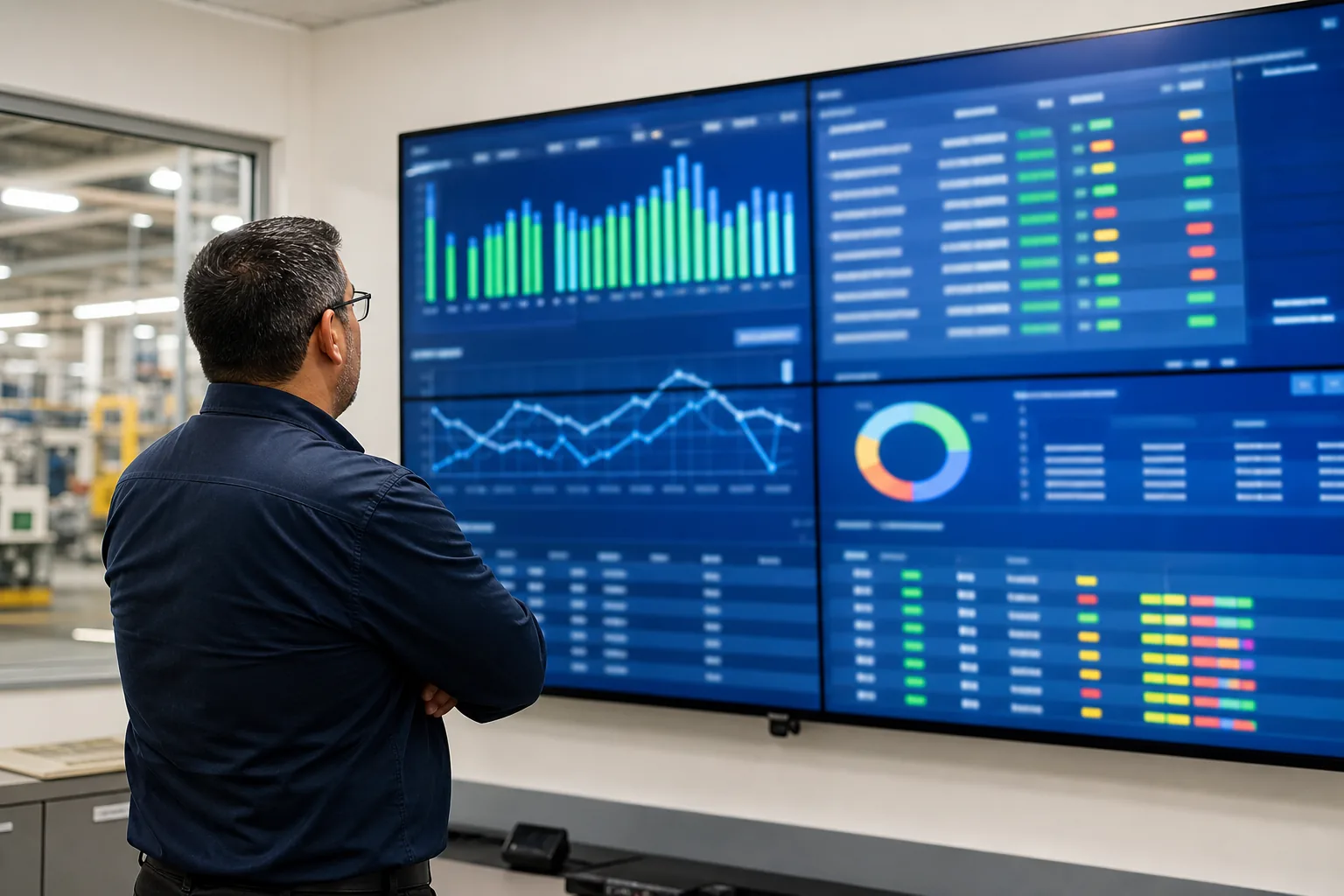 Production control screen displaying manufacturing dashboards