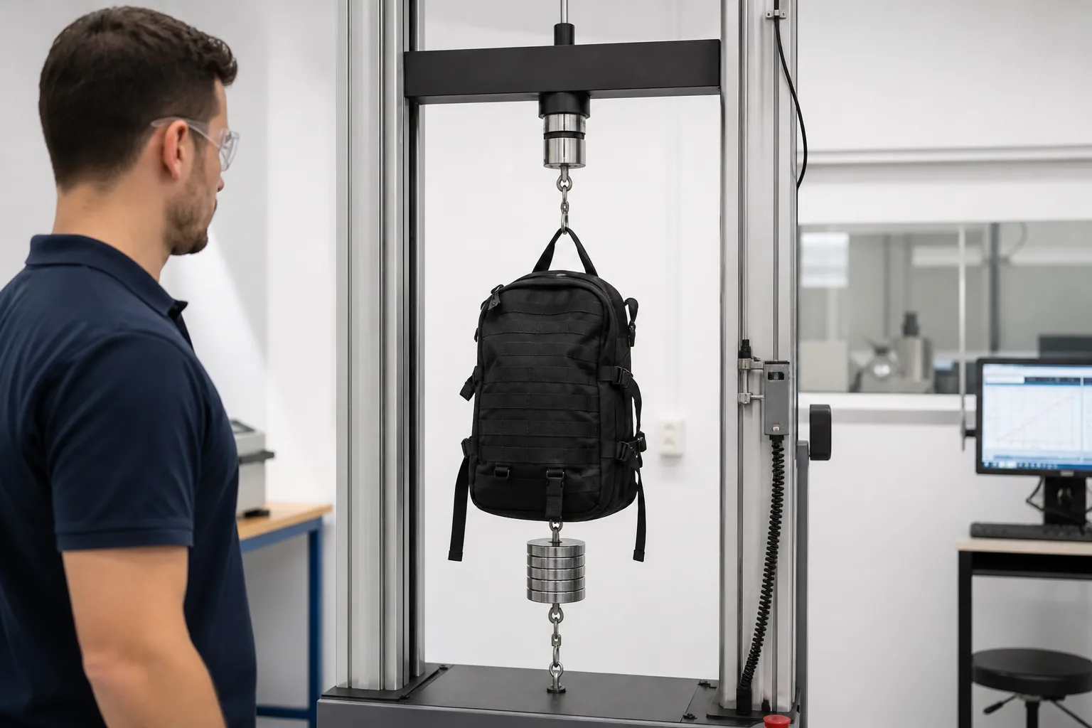 Backpack loaded with weights in a static load test on a tensile machine