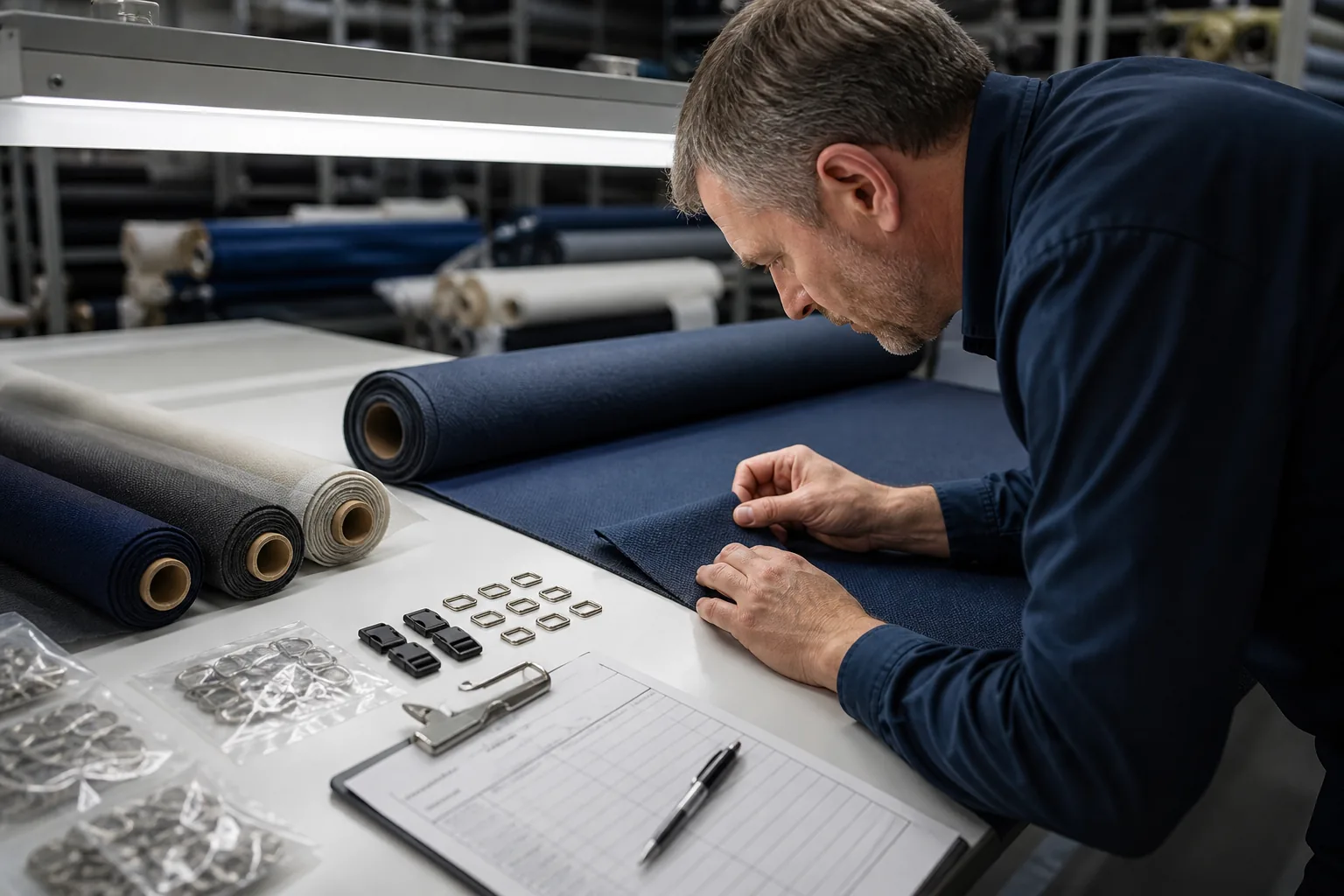 Incoming quality control bench with fabric and hardware being measured
