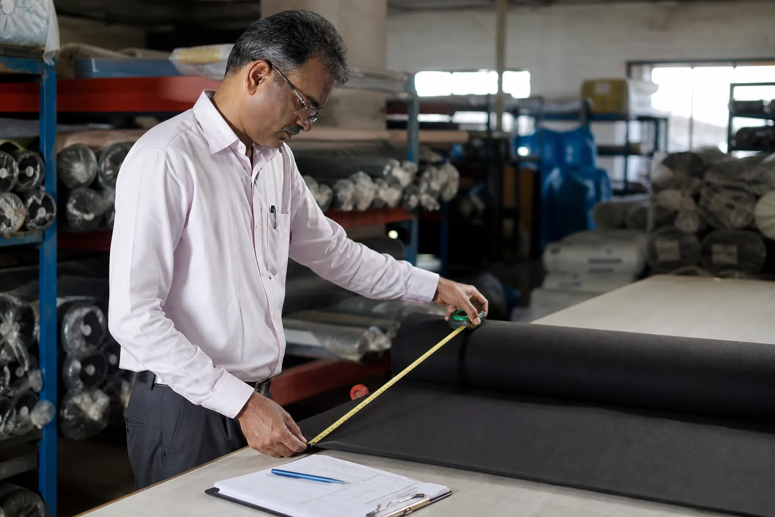 Stock counter measuring and recording a fabric roll during a cycle count