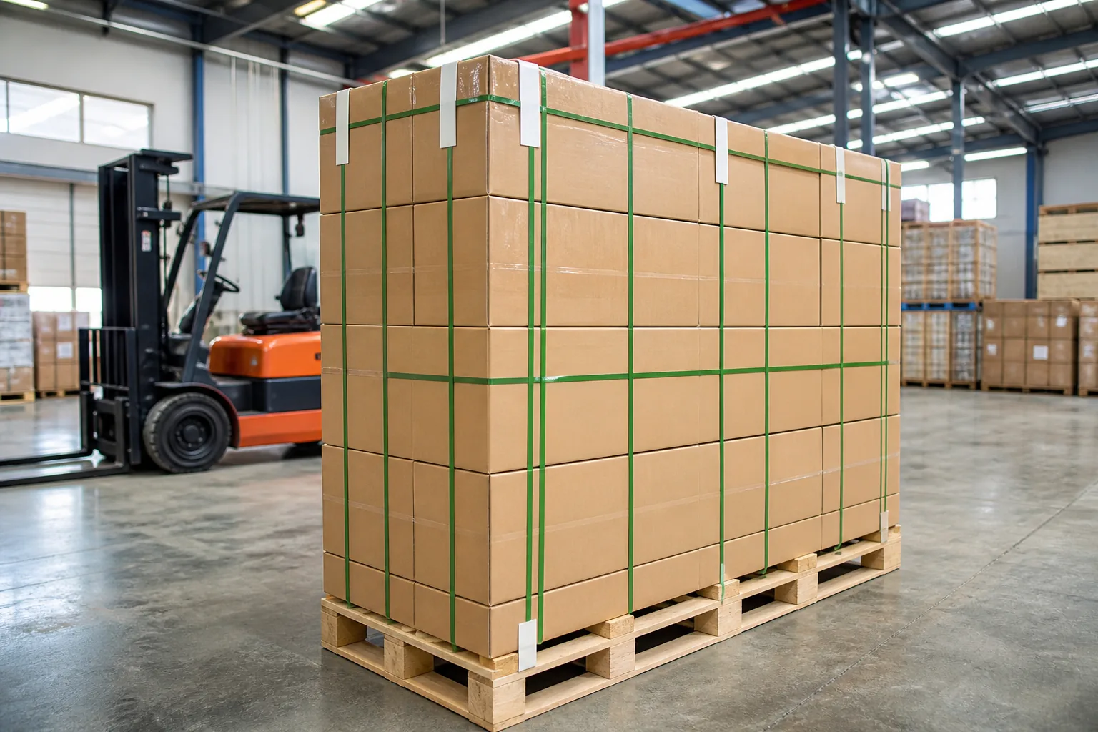 Stacked export cartons with strapping and corner protection in a warehouse
