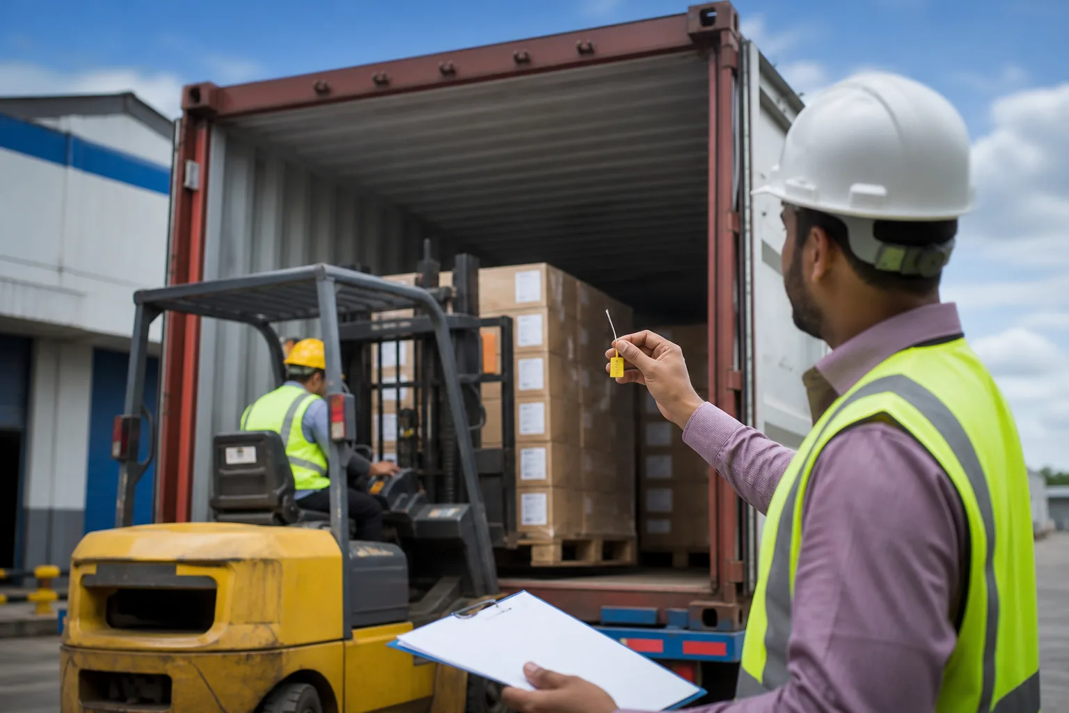 Export cartons loaded into a container at a factory dock
