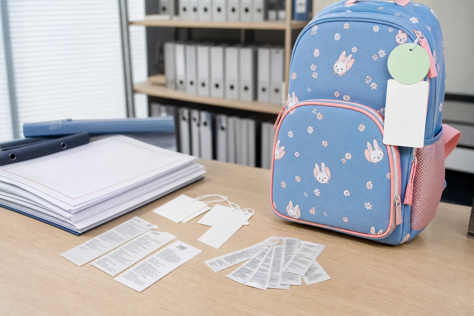 Compliance documentation and care labels beside a children's backpack