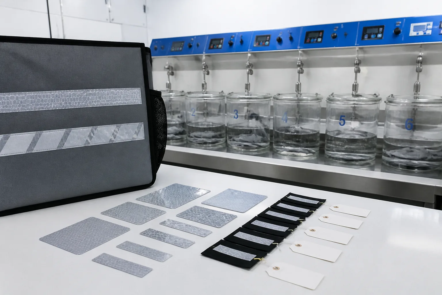 Reflective samples and a bag panel beside a laboratory laundering test setup