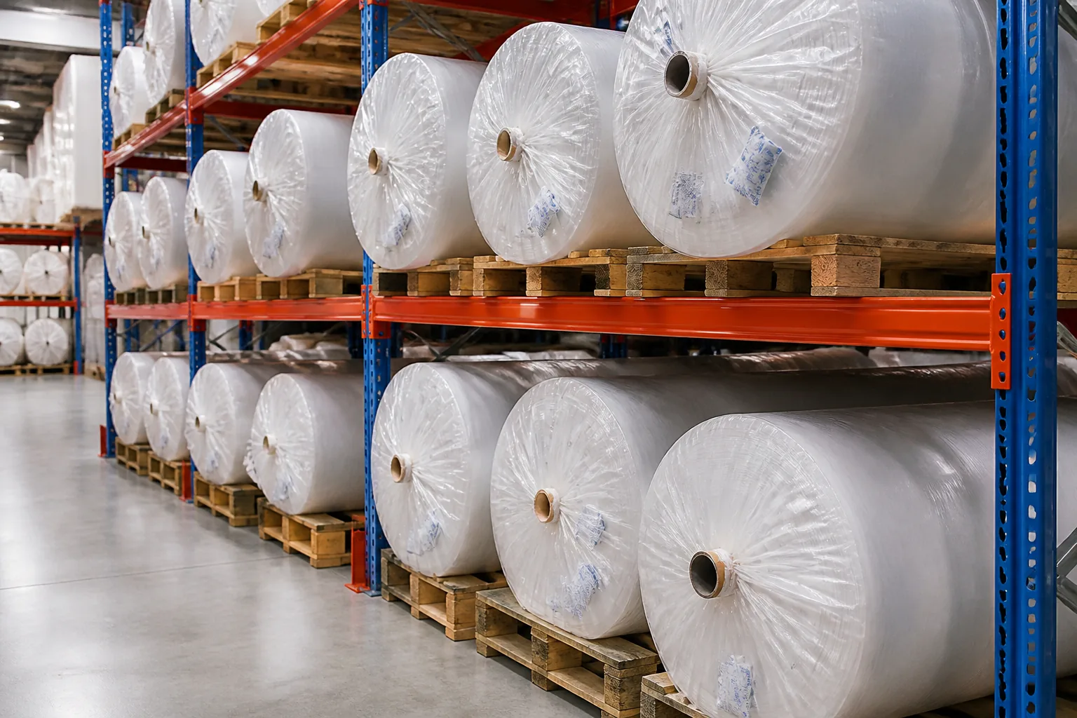 Rolls of treated lining fabric stored on racking with desiccant and moisture-barrier wrapping