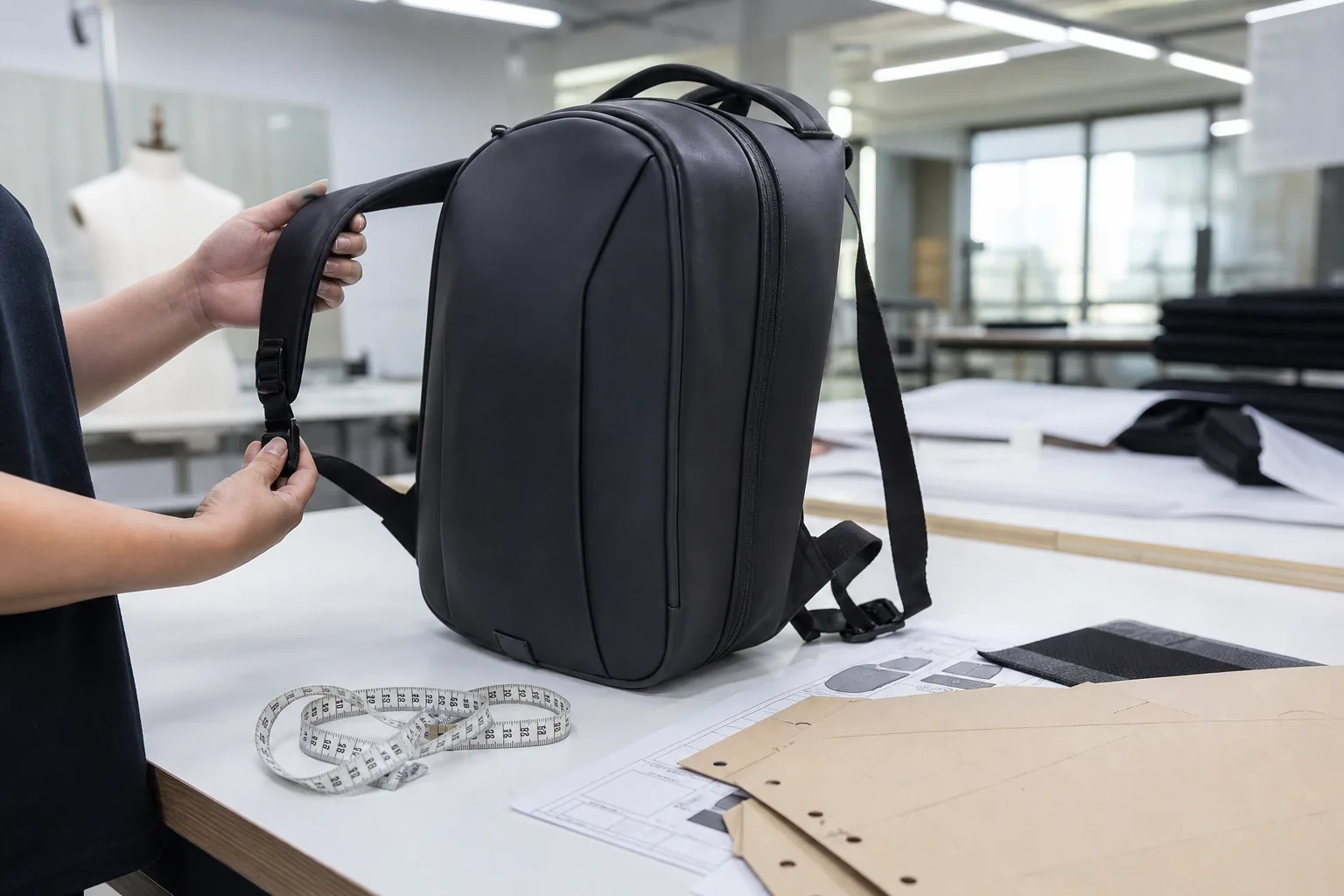 A first fit sample backpack on a sample room table with measuring tape and specification sheets