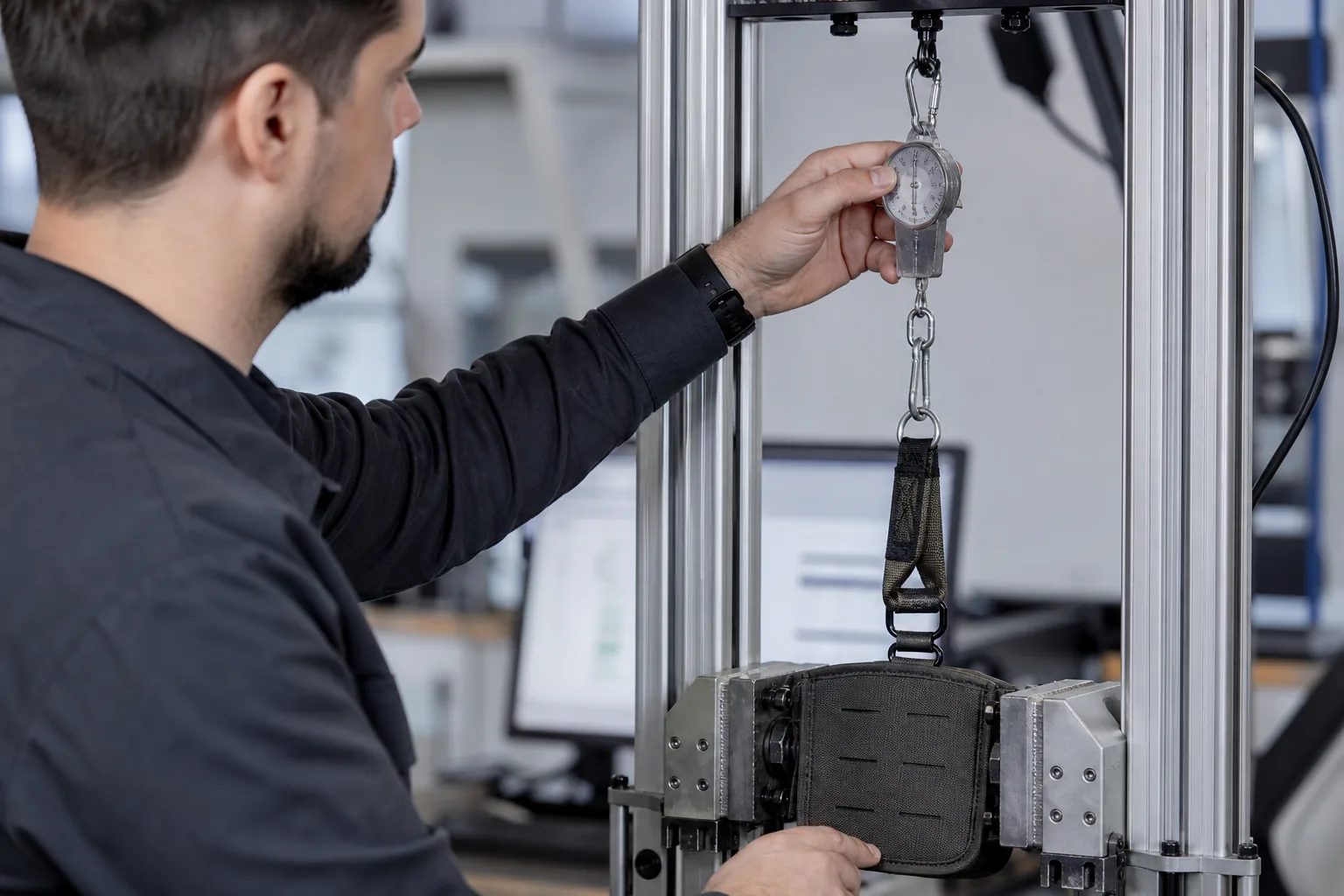 A technician running a cyclic pull test on a modular attachment with the bag module clamped in a fixture