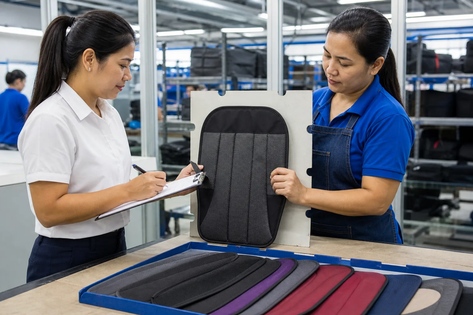 An assessor inspecting a sewn backpack panel against a gauge template with graded samples on the table