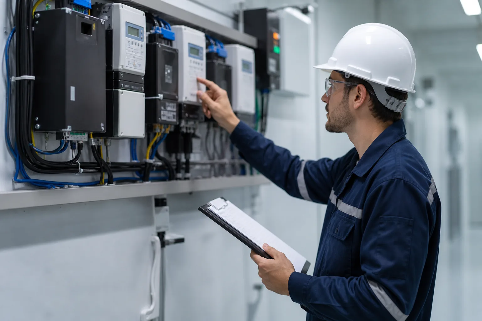 A technician reading a digital utility submeter on a wall panel in a neat electrical room