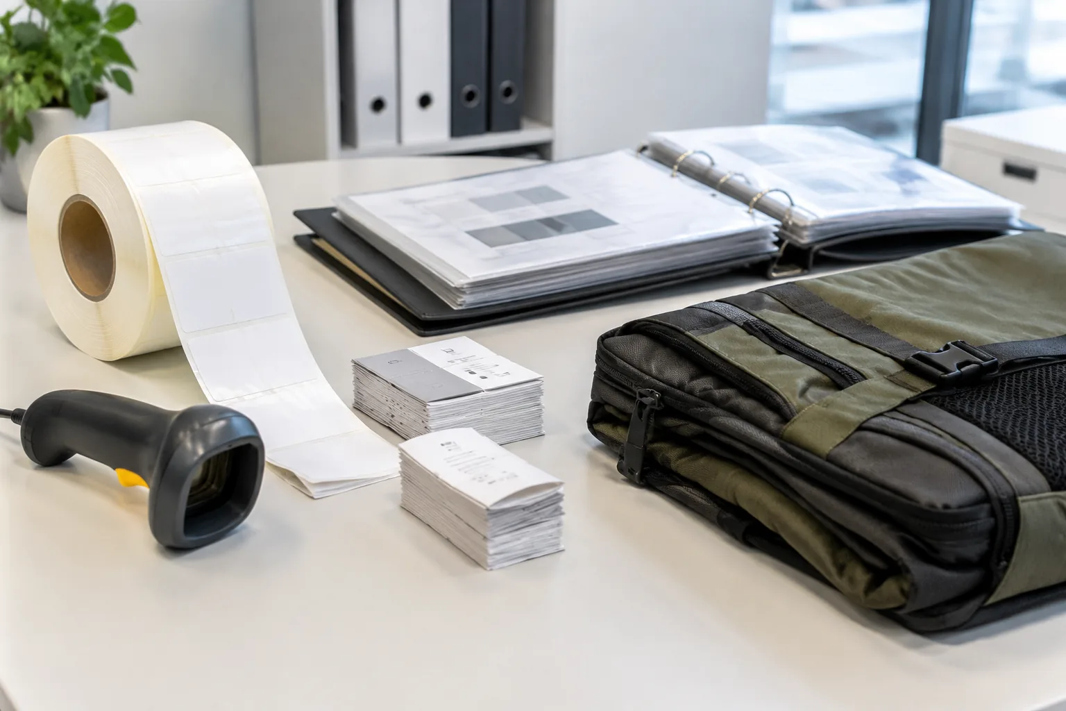 A labelling compliance workbench with a printed label roll, a scanner and a folder of documents