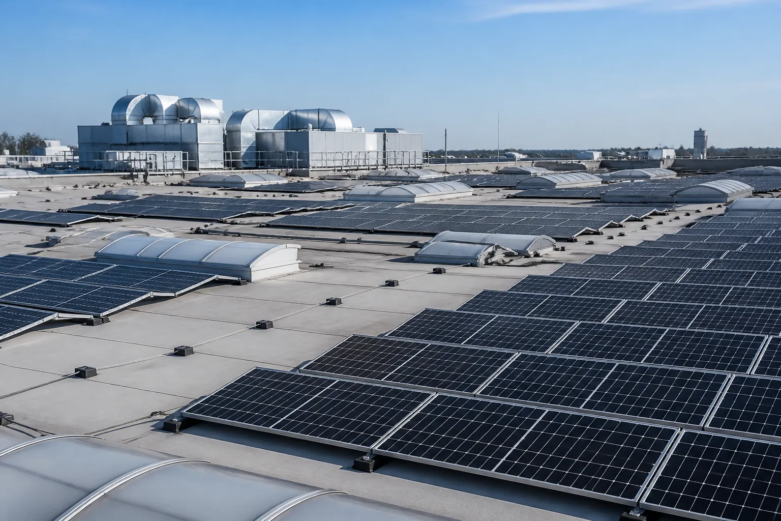 Rooftop solar panels on an industrial factory roof with ventilation units and skylights