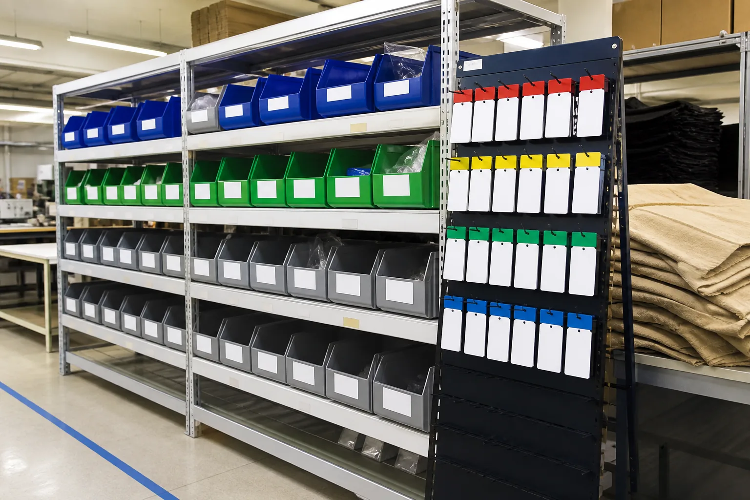 Store room with labelled bins and a kanban card rack