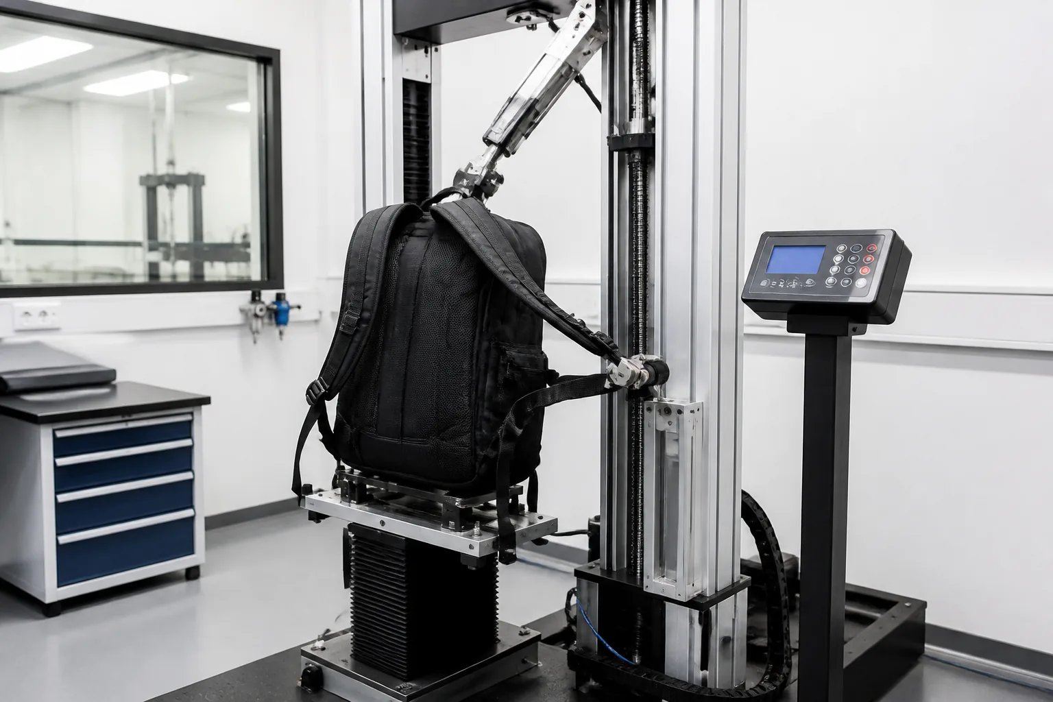 Backpack on an abrasion and cycle testing rig with a reciprocating arm