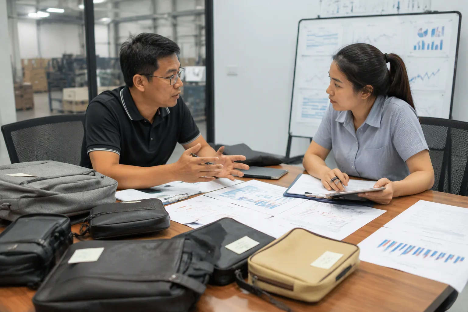 Corrective action meeting with defective samples and documents on the table